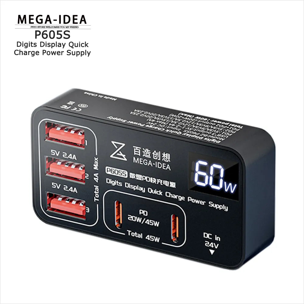 Quick Charge Power Supply QIANLI MEGA-IDEA P605S 5-port Intelligent Fast Charging 60W LED Digits Display Charging Tool