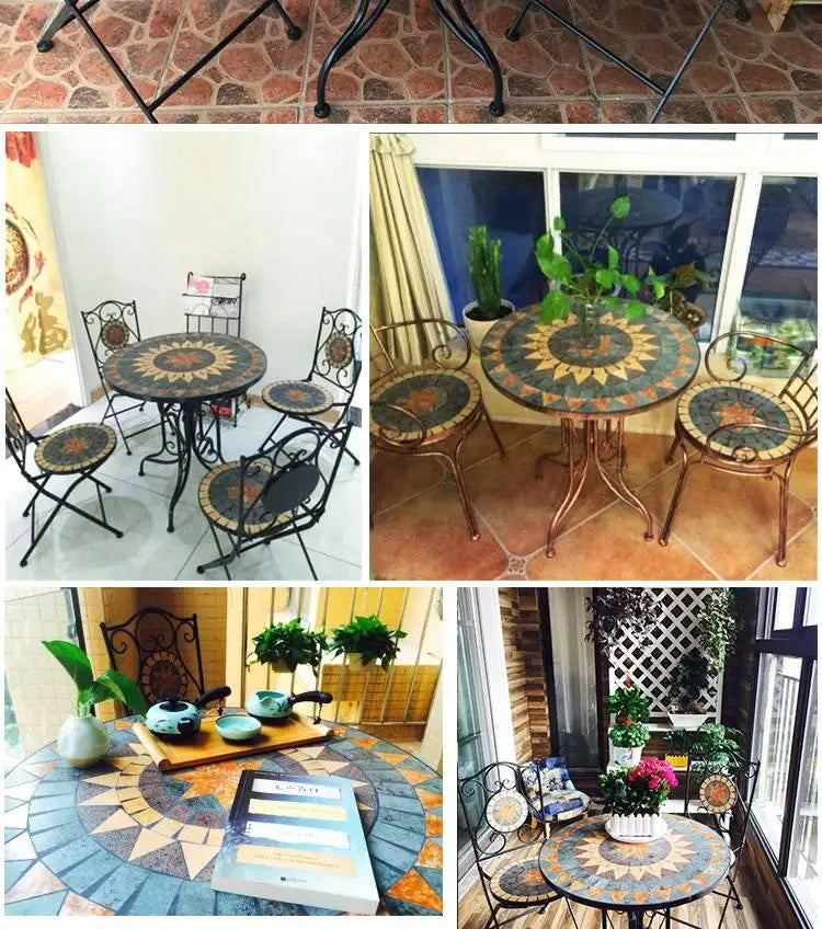 Outdoor Balcony Table and Chair Mosaic Iron Three-Piece Set Outdoor Courtyard Garden Furniture Lightweight Folding Armchair