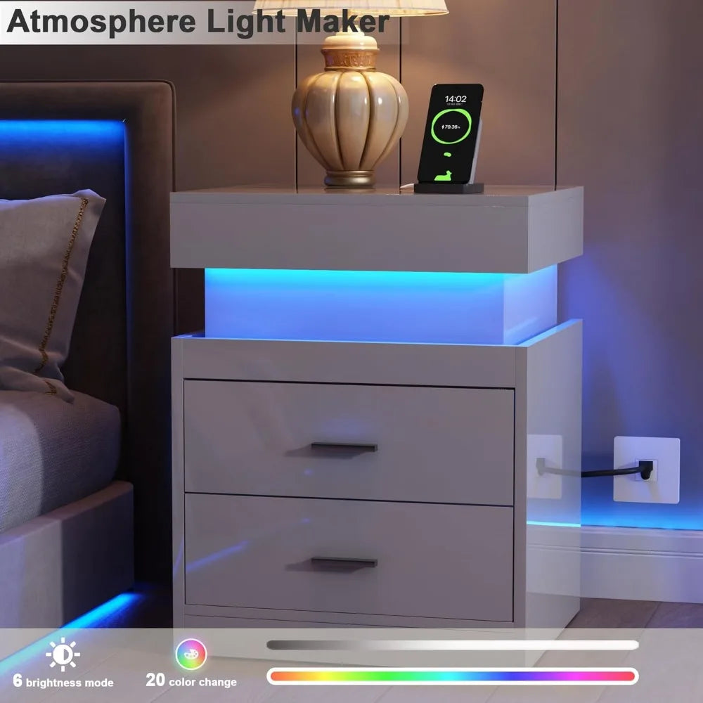 LED Nightstand with Charging Station,Smart Night Stand with Sliding Top Storage, 2-Drawers High Gloss Bedside Table