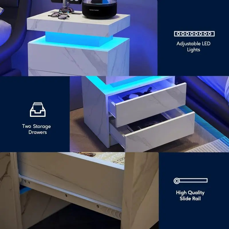 Nightstand LED Bedside Table Cabinet Lights Modern End Side with 2 Drawers for Bedroom