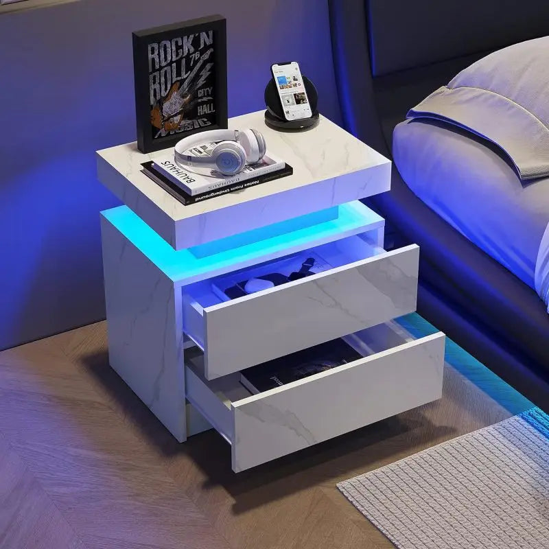 Nightstand LED Bedside Table Cabinet Lights Modern End Side with 2 Drawers for Bedroom