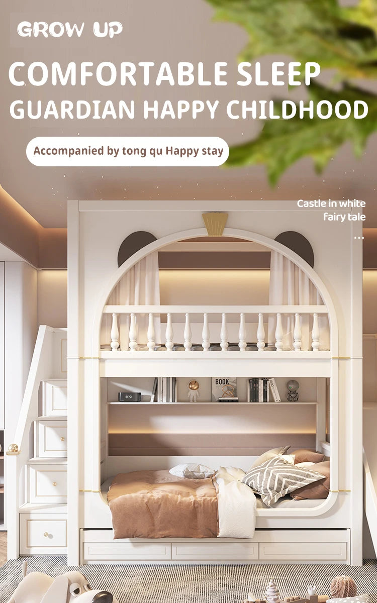 Cute White Boy And Girl Kid Bed For 5 To 8 Yeas Old Children Large Storage Space Solid Wood Bedroom Furniture Modern Bunk Bed