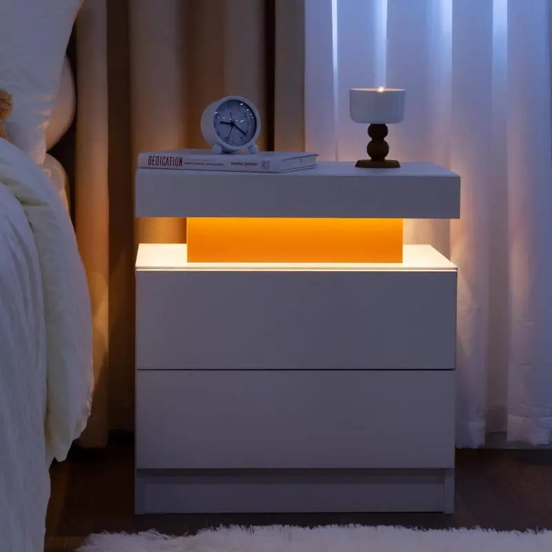 Nightstand LED Bedside Table Cabinet Lights Modern End Side with 2 Drawers for Bedroom