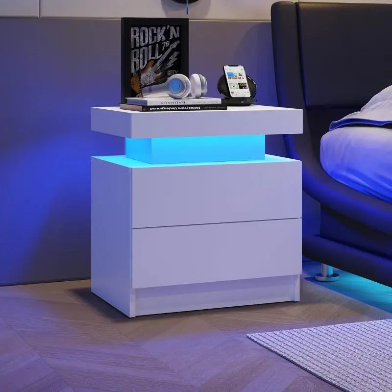 Nightstand LED Bedside Table Cabinet Lights Modern End Side with 2 Drawers for Bedroom