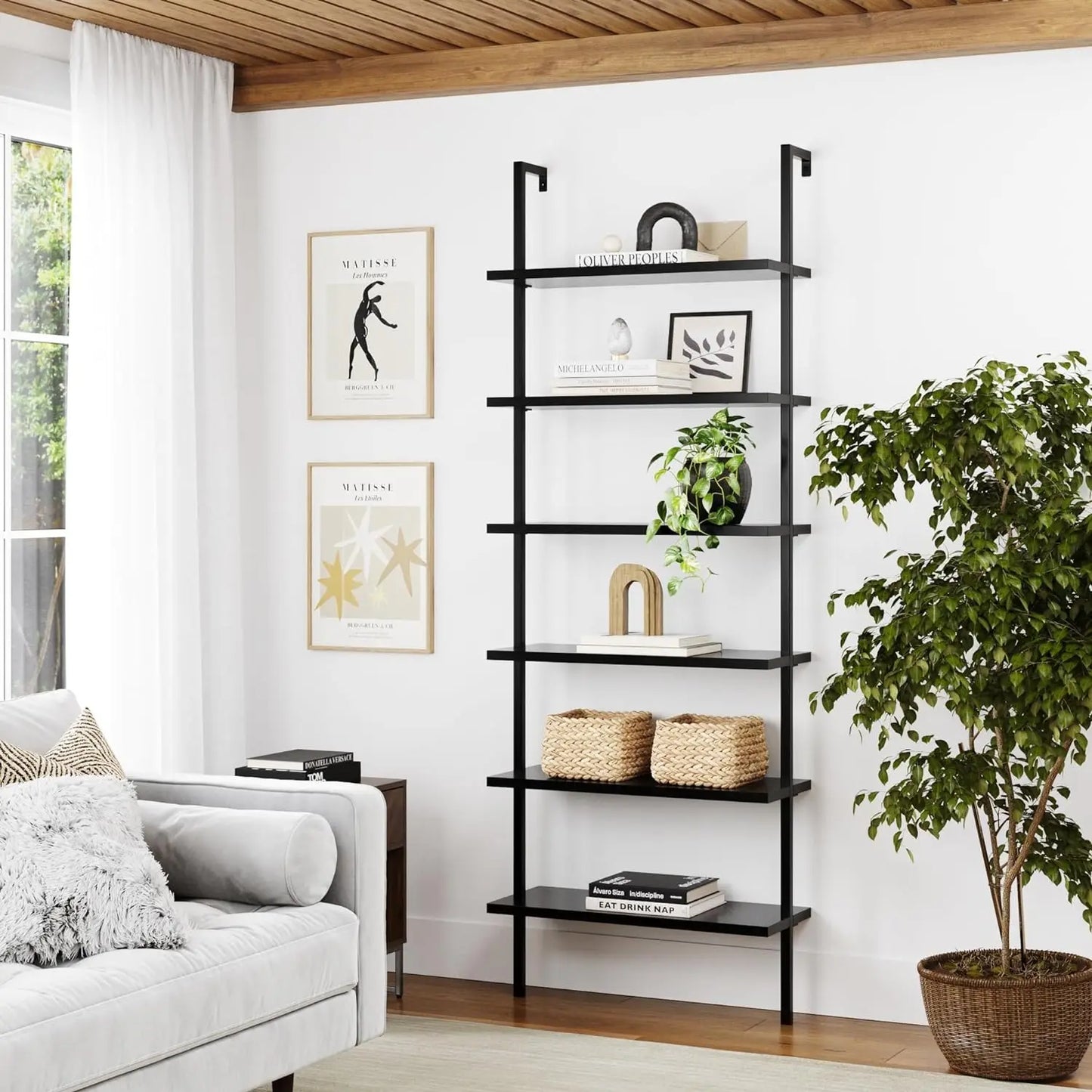 Nathan James Tall Bookcase Wall Mount Bookshelf Wood Shelves and Metal Frame Matte Black libreria scaffale home furniture