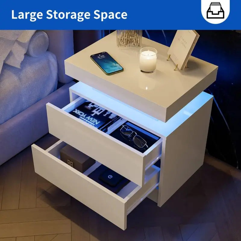 Nightstand LED Bedside Table Cabinet Lights Modern End Side with 2 Drawers for Bedroom