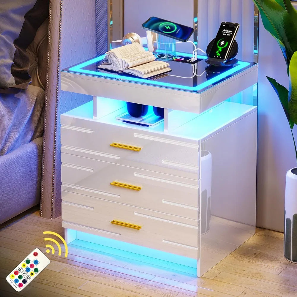 Bedroom Furniture Glass With Touch Screen Bedside Table RGB LED Bedside Table With Charging Station Home