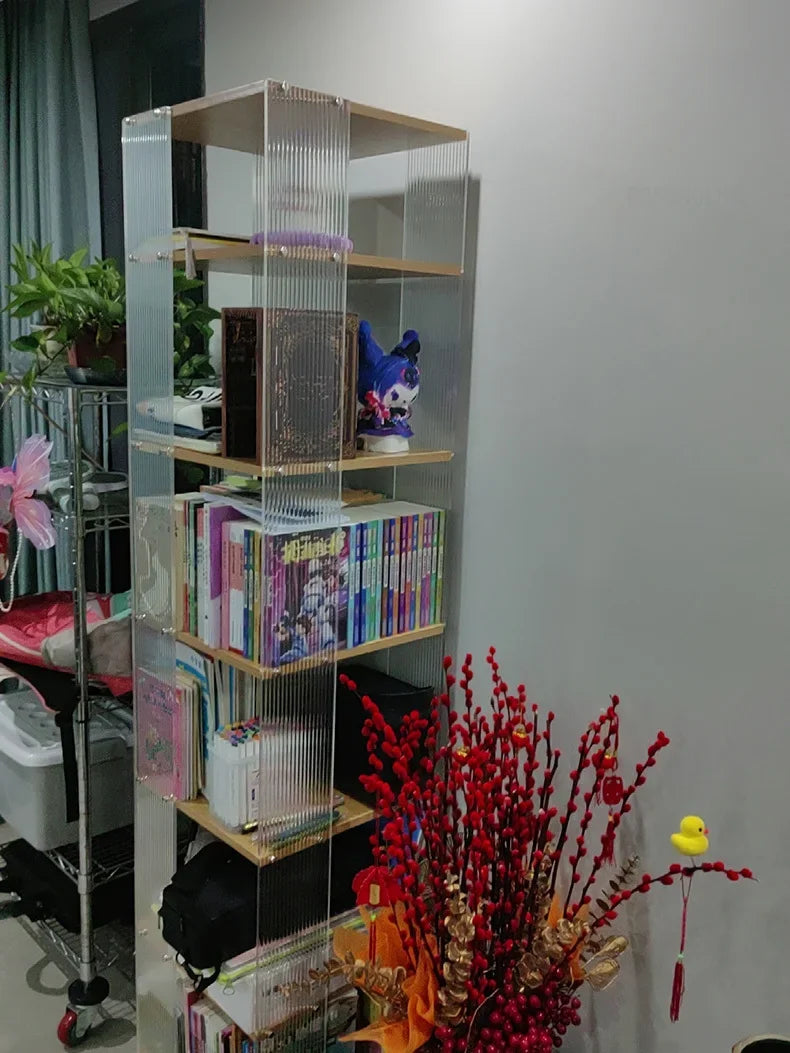 Fashion Acrylic Bookcase for Office Modern Rotating Bookcase with Wheels Light Luxury Transparent Design Storage Locker for Home