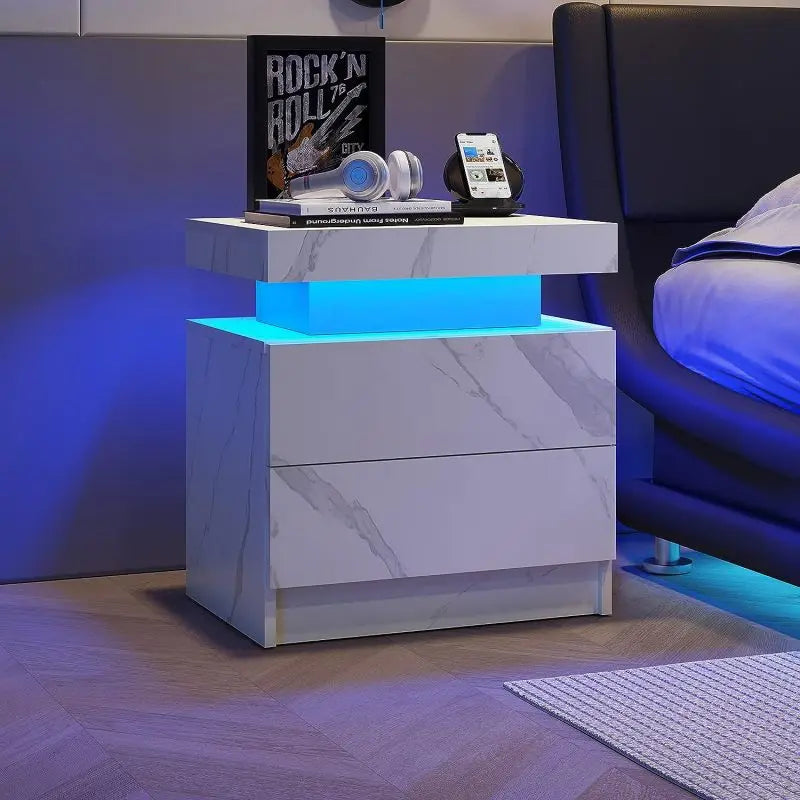 Nightstand LED Bedside Table Cabinet Lights Modern End Side with 2 Drawers for Bedroom