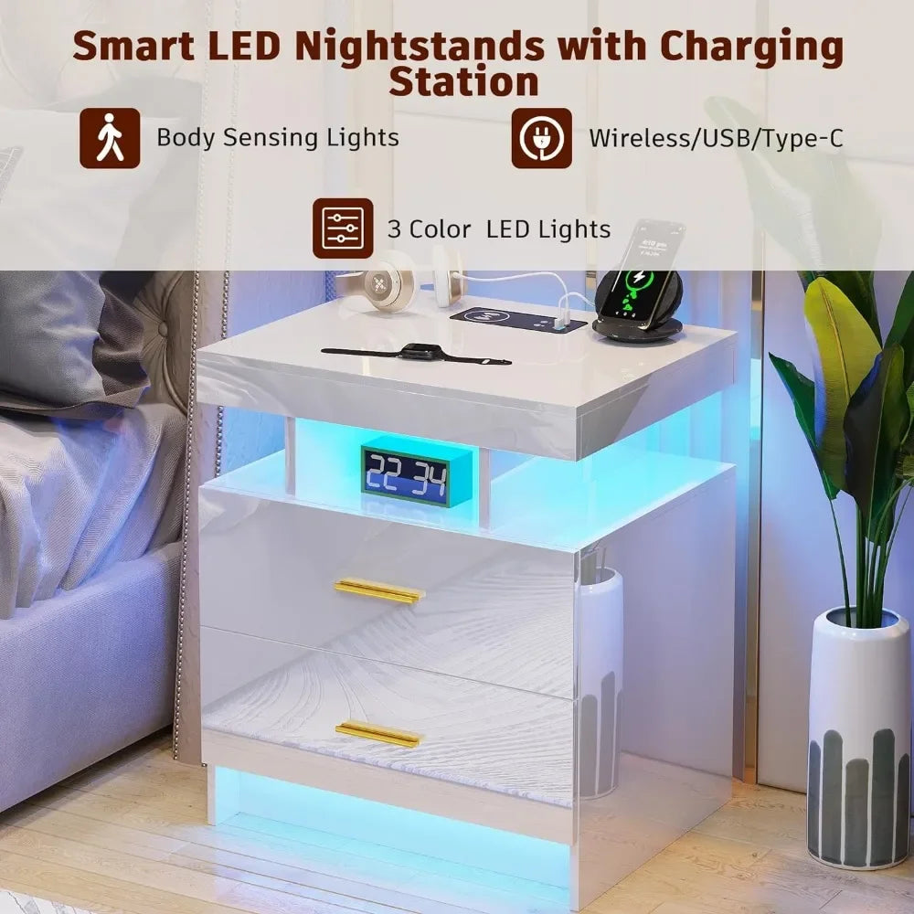 LED Nightstands with Charging Station, High Gloss Night Stand with Human Sensor, Bedside Tables with 2 Drawers, Nightstand，White