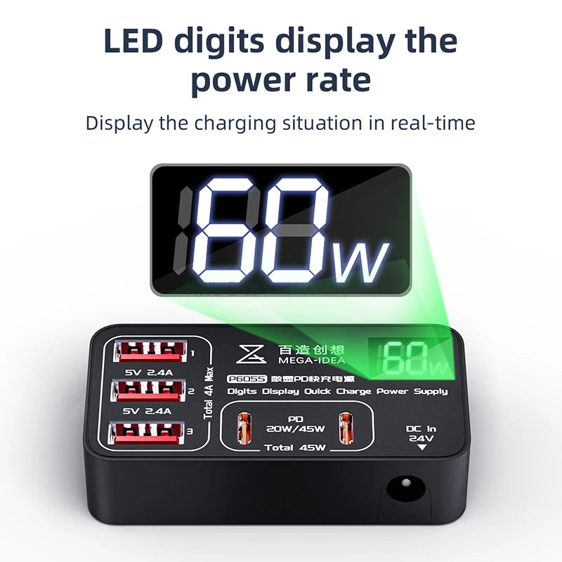 Quick Charge Power Supply QIANLI MEGA-IDEA P605S 5-port Intelligent Fast Charging 60W LED Digits Display Charging Tool