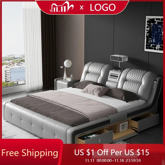 King Size Tatami Bed Multi Function Smart Projector Leather Bed Massage Modern Cama Casal Bedroom Furniture Luxury