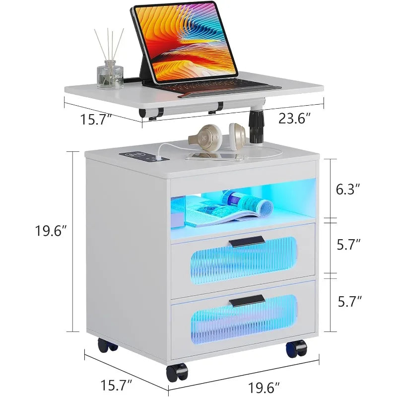 Nightstand with Wireless Charging Station, LED Nightstand Has Adjustable Rotary Workstation,Smart Night Stand with 2 Drawers,