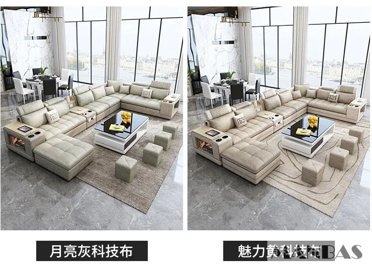 Nordic Fabric Sofa Set with Bluetooth Speaker & USB - Modern Living Room Modular Sofas Big U Shape Corner Cloth Couch