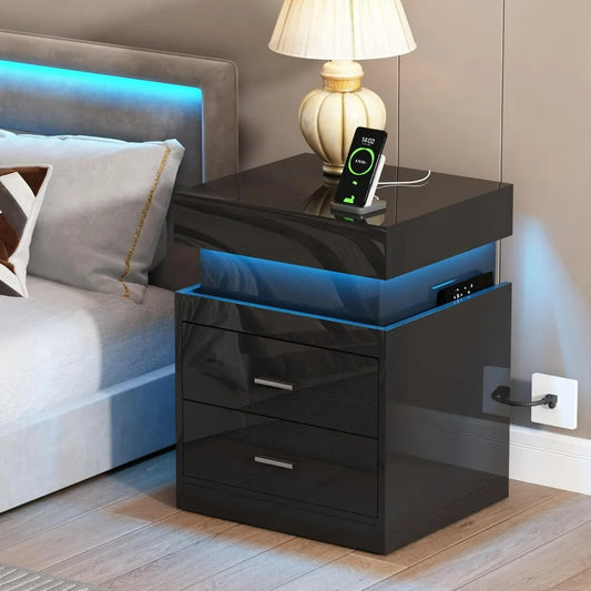 LED Nightstand with Charging Station,Smart Night Stand with Sliding Top Storage, 2-Drawers High Gloss Bedside Table