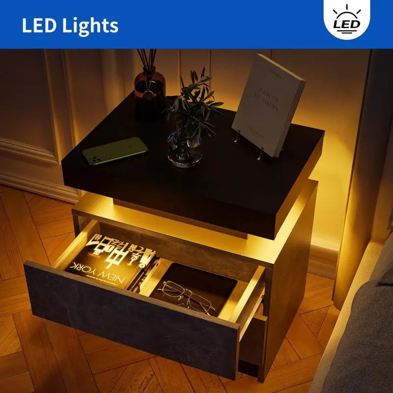 Nightstand LED Bedside Table Cabinet Lights Modern End Side with 2 Drawers for Bedroom