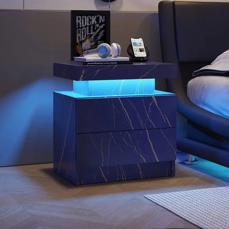 Nightstand LED Bedside Table Cabinet Lights Modern End Side with 2 Drawers for Bedroom