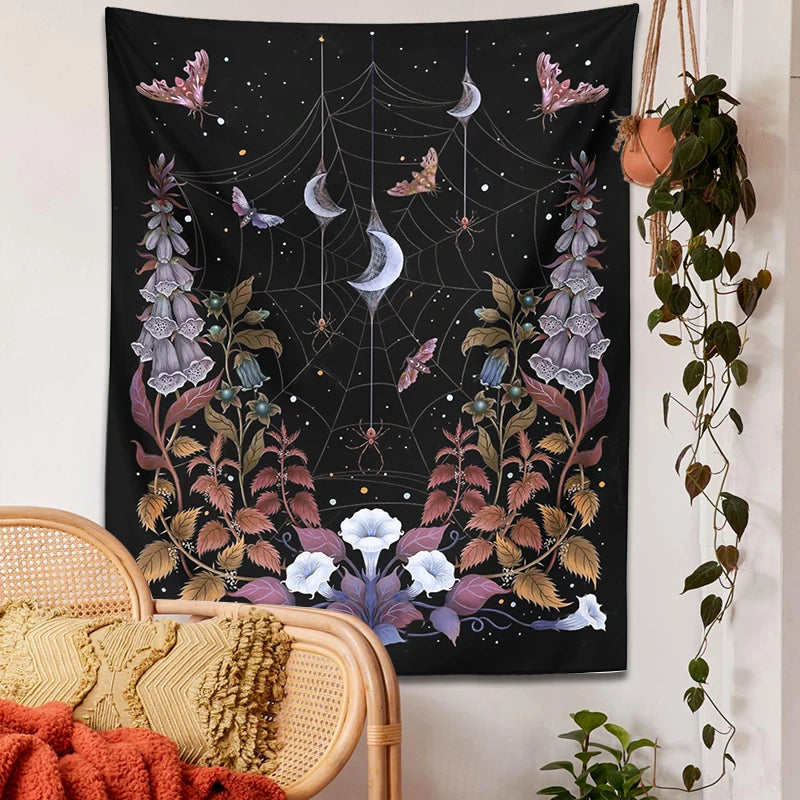 Witch Garden Tapestry Wall Hanging Psychedelic Flower Tarot Divination Moon Moth Tapestries Sun Moon Dorm Home Decor Wall Art