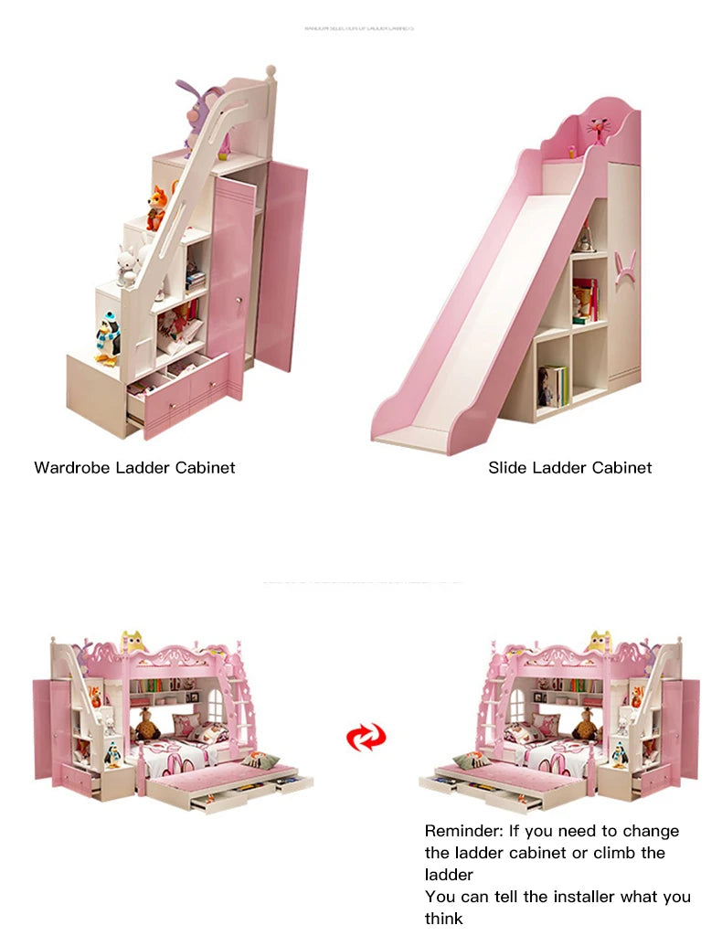 Lovely Girl Kids Princess Bunk Bed In Pink Solid Wood High And Low Bed Adult Child Mother Bed Multi-Functional Children's Bed