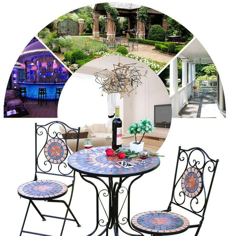 Outdoor Balcony Table and Chair Mosaic Iron Three-Piece Set Outdoor Courtyard Garden Furniture Lightweight Folding Armchair