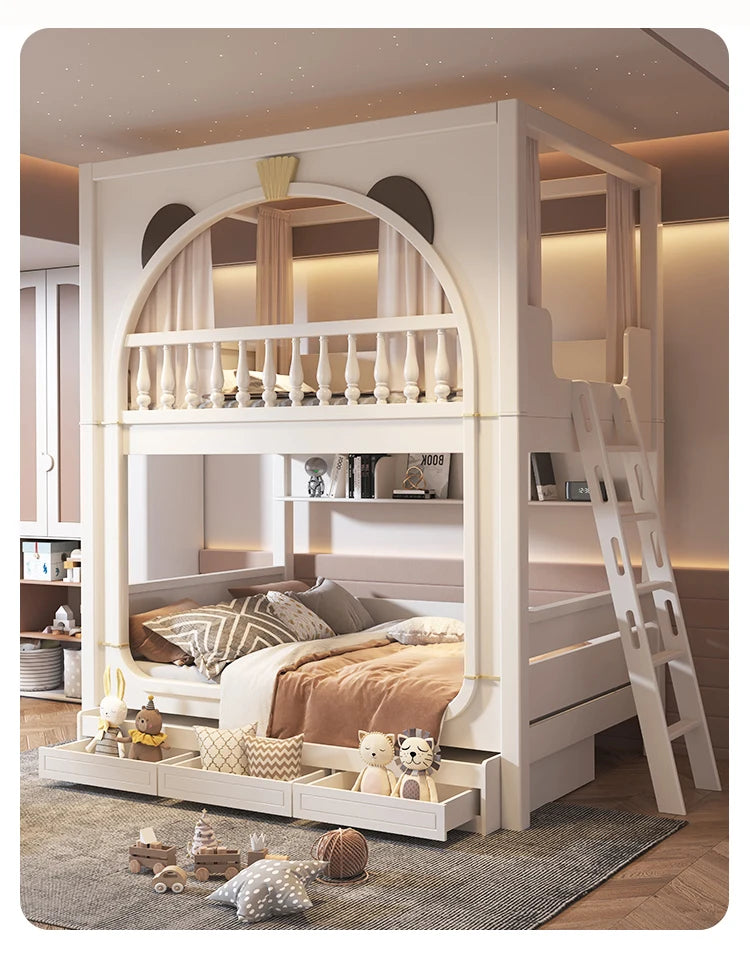 Cute White Boy And Girl Kid Bed For 5 To 8 Yeas Old Children Large Storage Space Solid Wood Bedroom Furniture Modern Bunk Bed