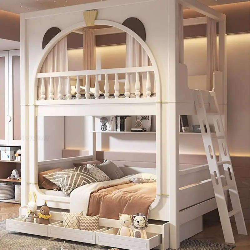 Cute White Boy And Girl Kid Bed For 5 To 8 Yeas Old Children Large Storage Space Solid Wood Bedroom Furniture Modern Bunk Bed