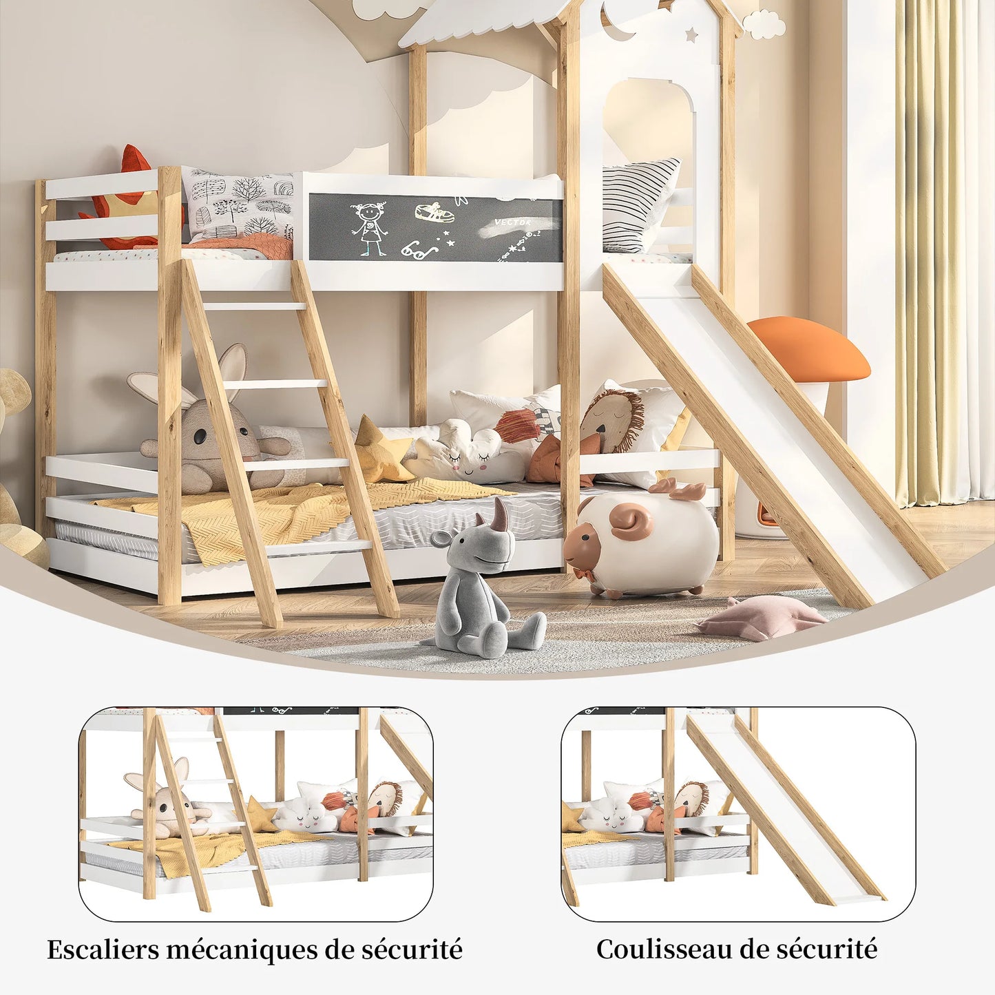 Bunk Bed, Children's Bed, Solid Wood Bed,with Stairs and Blackboard, White Wooden Bed with Slide for Children, 90 x 200 cm