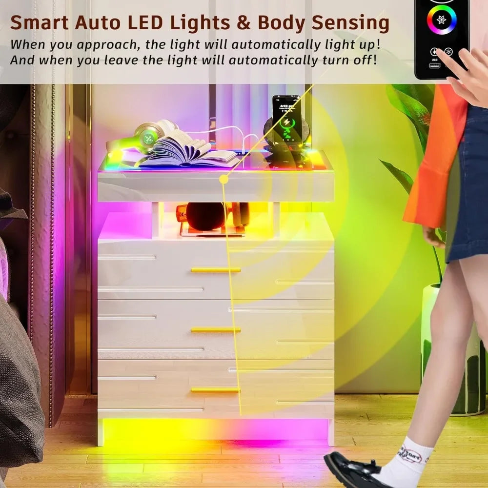 Bedroom Furniture Glass With Touch Screen Bedside Table RGB LED Bedside Table With Charging Station Home