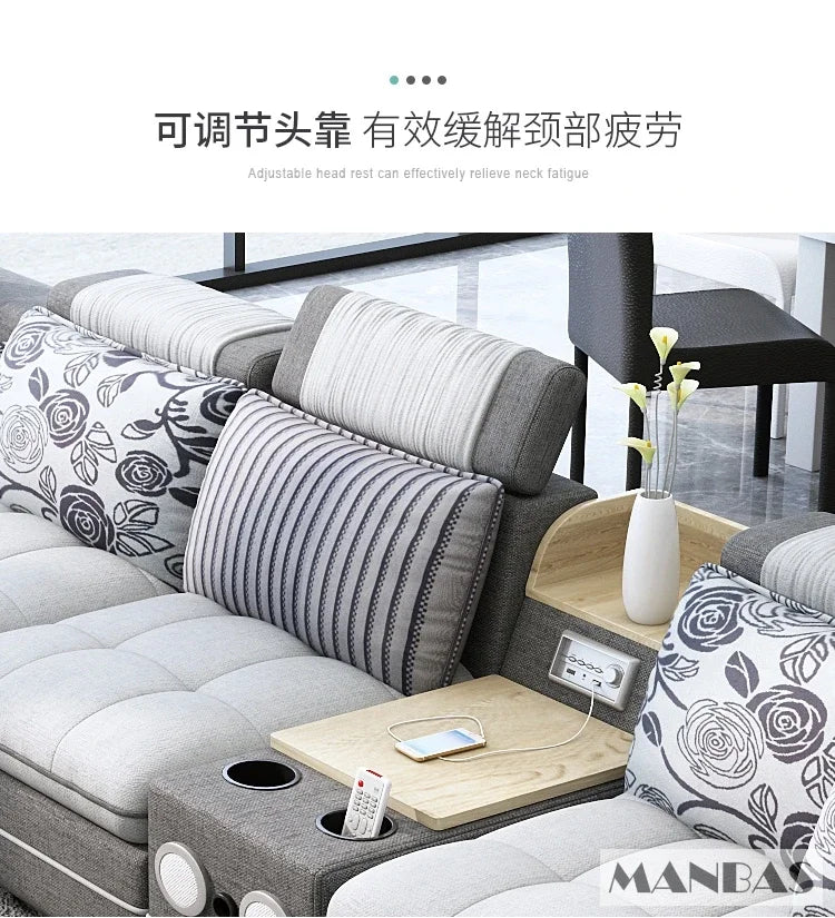 Nordic Fabric Sofa Set with Bluetooth Speaker & USB - Modern Living Room Modular Sofas Big U Shape Corner Cloth Couch