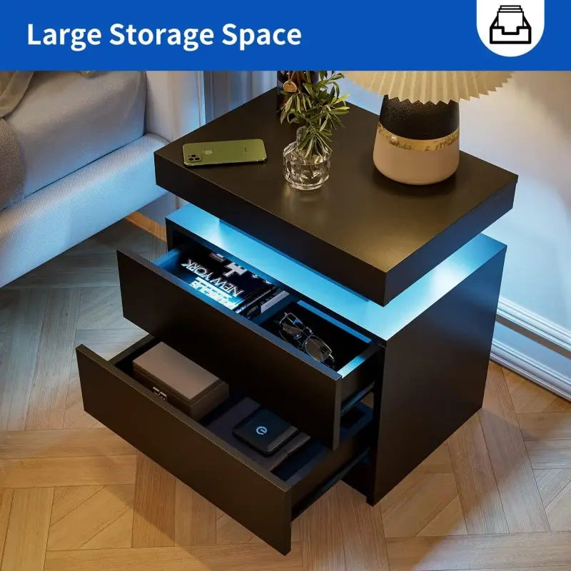 Nightstand LED Bedside Table Cabinet Lights Modern End Side with 2 Drawers for Bedroom