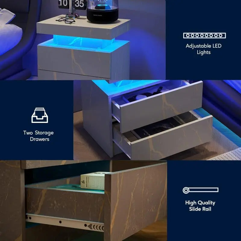 Nightstand LED Bedside Table Cabinet Lights Modern End Side with 2 Drawers for Bedroom