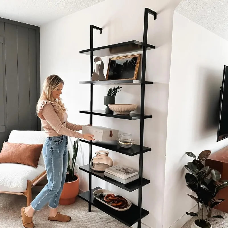 Nathan James Tall Bookcase Wall Mount Bookshelf Wood Shelves and Metal Frame Matte Black libreria scaffale home furniture