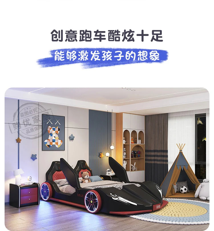 Boys car bed 1.5m Solid Wood Children's Bed Storage Sports Car Creative Bed With Guardrail Single Bed Camas Bedroom Furniture