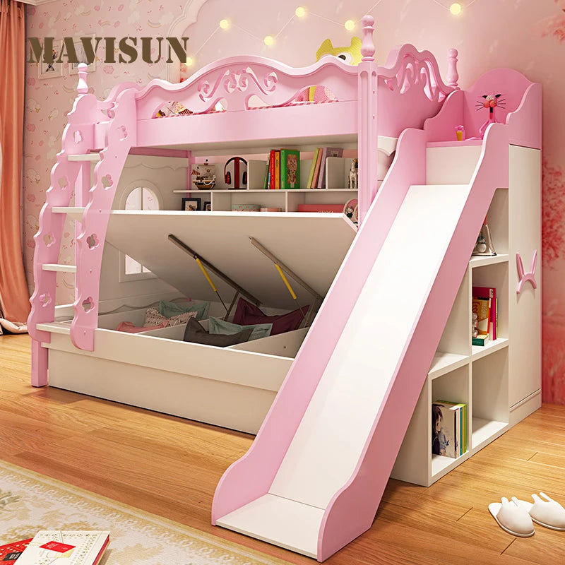 Lovely Girl Kids Princess Bunk Bed In Pink Solid Wood High And Low Bed Adult Child Mother Bed Multi-Functional Children's Bed