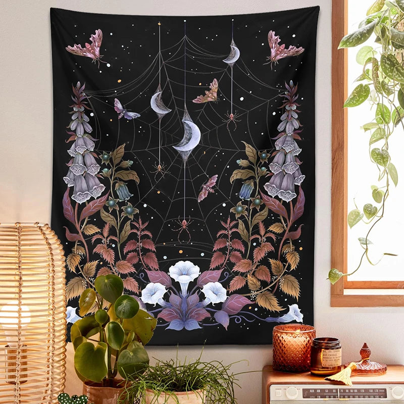 Witch Garden Tapestry Wall Hanging Psychedelic Flower Tarot Divination Moon Moth Tapestries Sun Moon Dorm Home Decor Wall Art