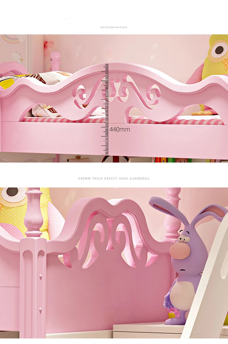 Lovely Girl Kids Princess Bunk Bed In Pink Solid Wood High And Low Bed Adult Child Mother Bed Multi-Functional Children's Bed