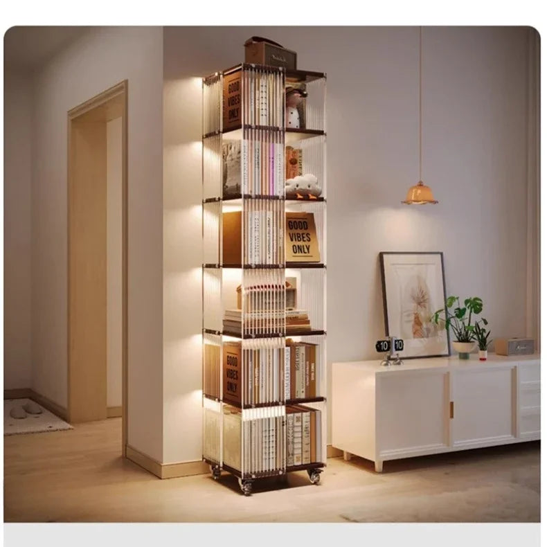 Fashion Acrylic Bookcase for Office Modern Rotating Bookcase with Wheels Light Luxury Transparent Design Storage Locker for Home