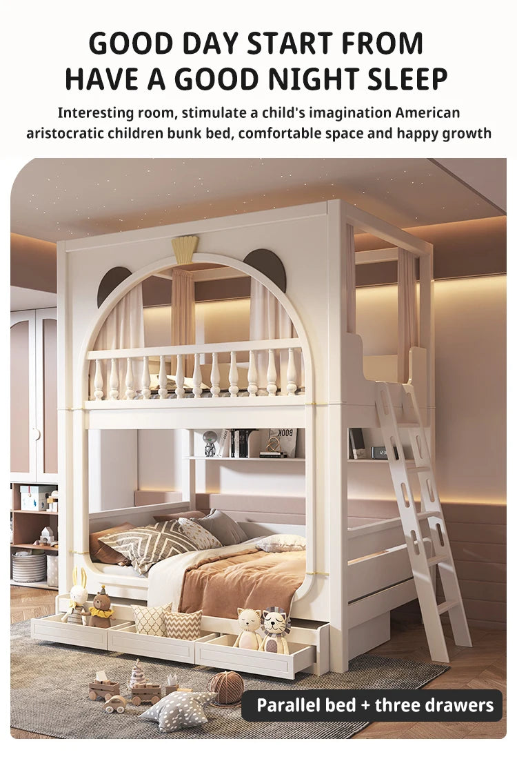 Cute White Boy And Girl Kid Bed For 5 To 8 Yeas Old Children Large Storage Space Solid Wood Bedroom Furniture Modern Bunk Bed