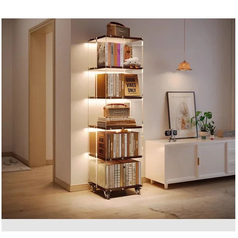 Fashion Acrylic Bookcase for Office Modern Rotating Bookcase with Wheels Light Luxury Transparent Design Storage Locker for Home