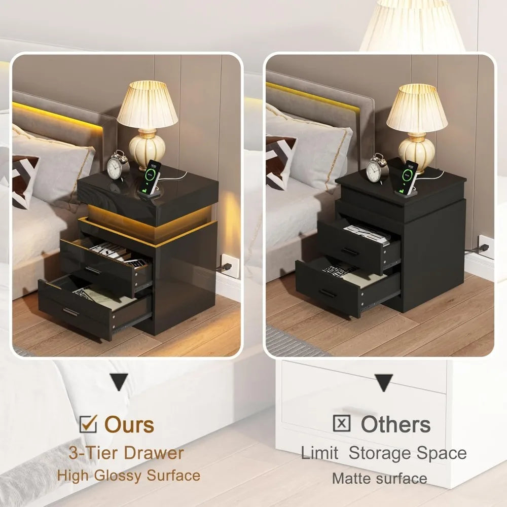 LED Nightstand with Charging Station,Smart Night Stand with Sliding Top Storage, 2-Drawers High Gloss Bedside Table