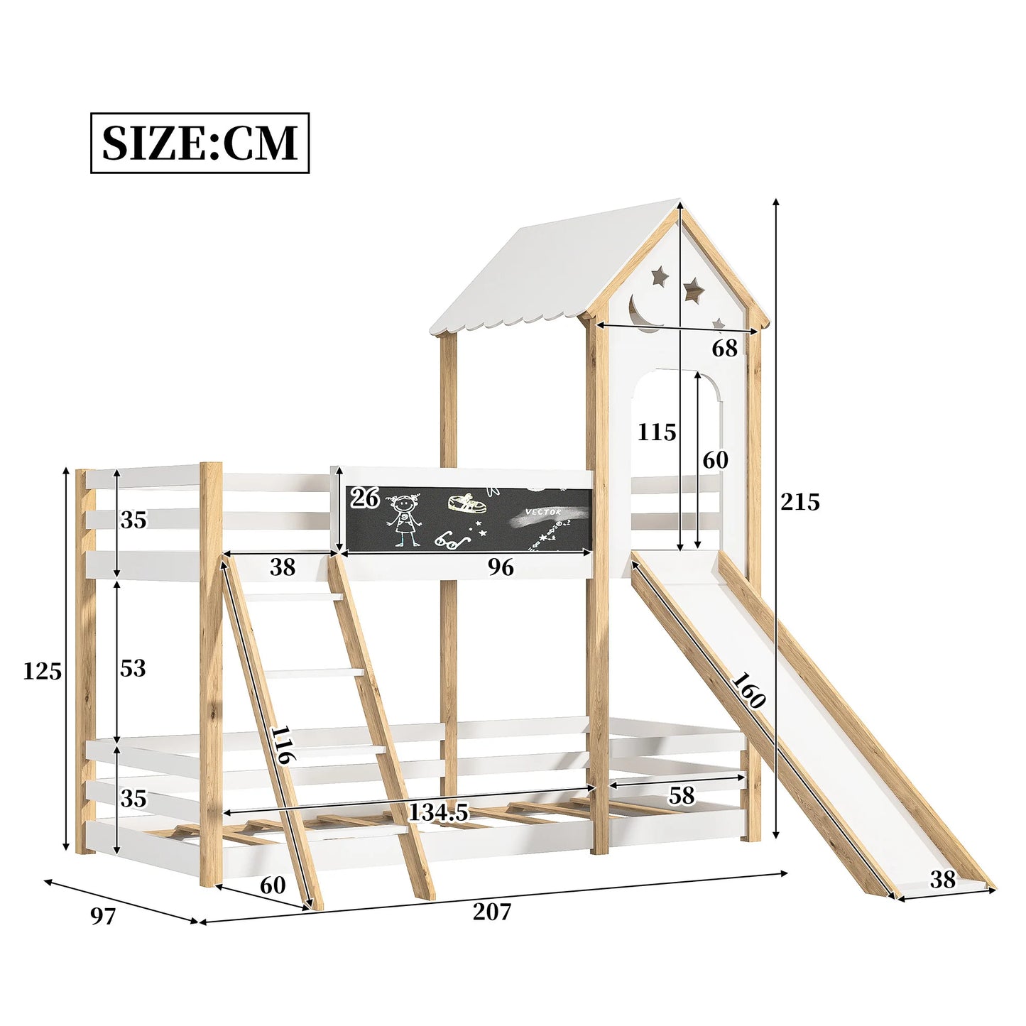 Bunk Bed, Children's Bed, Solid Wood Bed,with Stairs and Blackboard, White Wooden Bed with Slide for Children, 90 x 200 cm