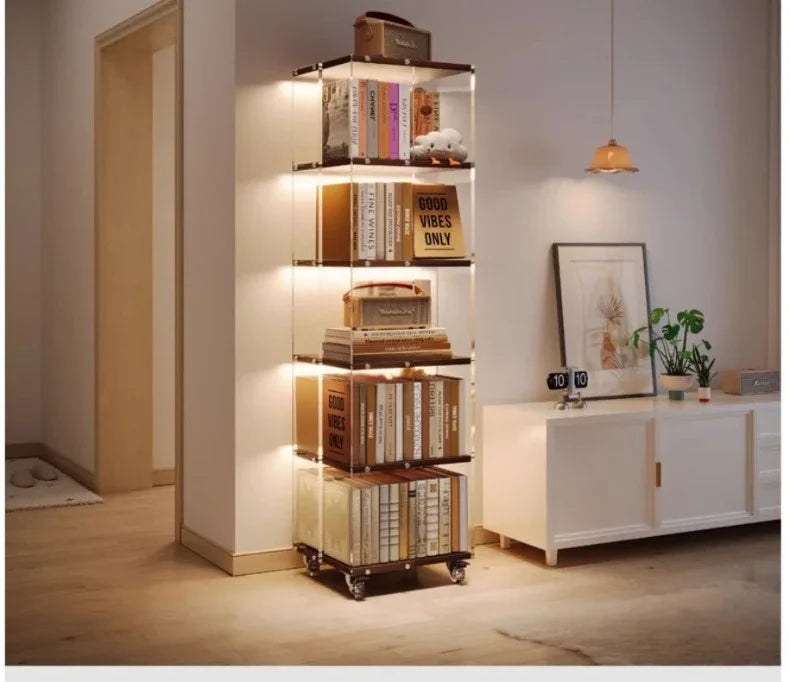 Fashion Acrylic Bookcase for Office Modern Rotating Bookcase with Wheels Light Luxury Transparent Design Storage Locker for Home