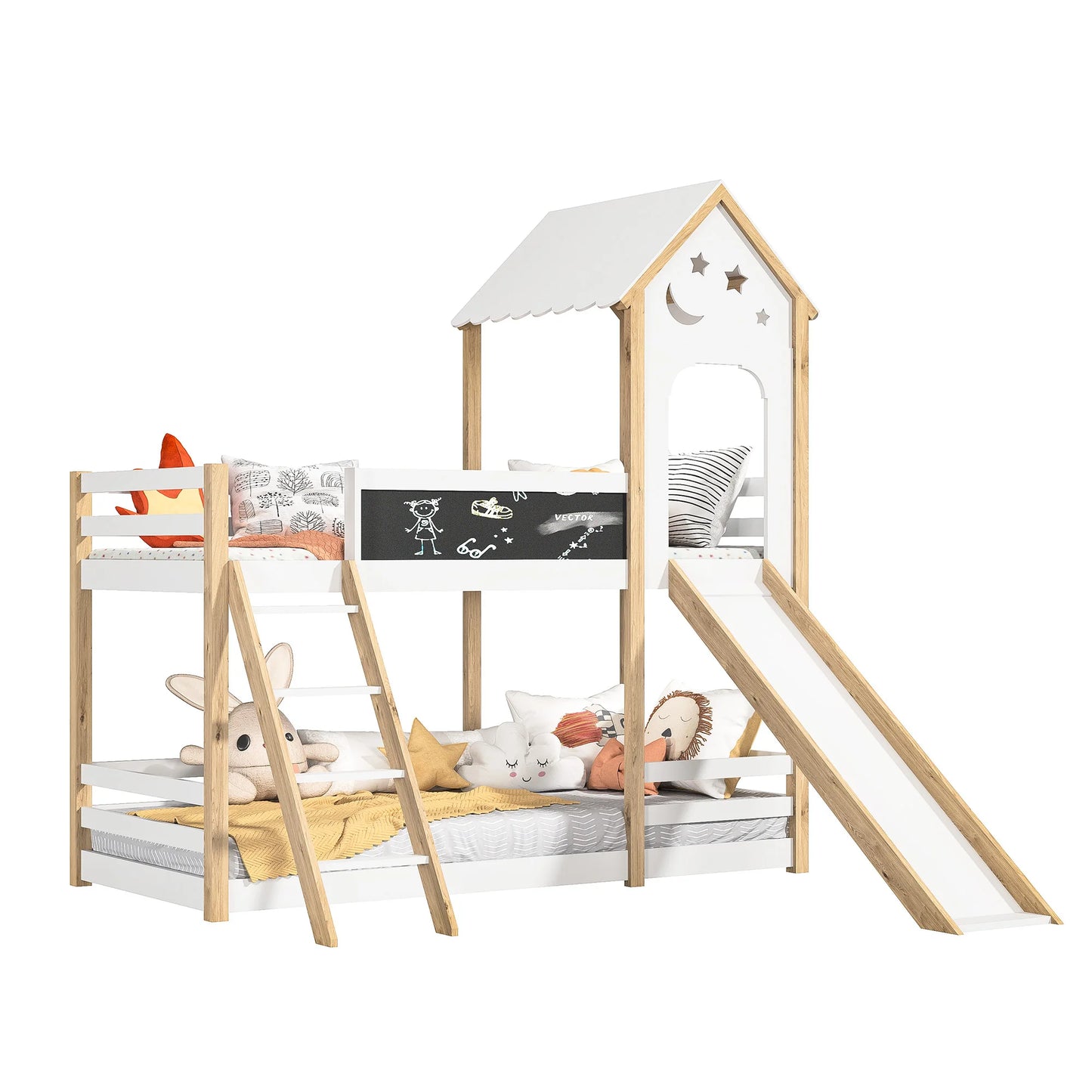 Bunk Bed, Children's Bed, Solid Wood Bed,with Stairs and Blackboard, White Wooden Bed with Slide for Children, 90 x 200 cm