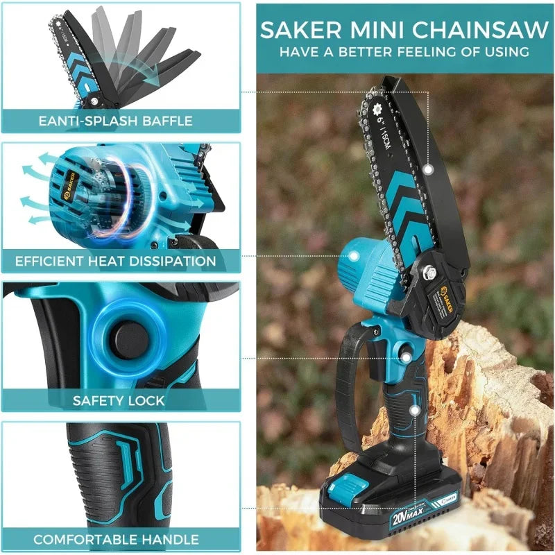 Saker Mini Chainsaw 6 Inch Portable Electric Chainsaw Cordless,Small Handheld Chain saw,Tree Branches,Courtyard,Household etc.