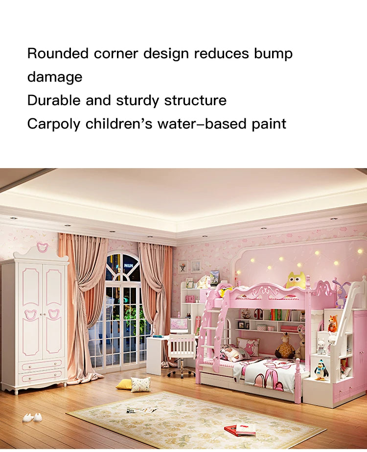 Lovely Girl Kids Princess Bunk Bed In Pink Solid Wood High And Low Bed Adult Child Mother Bed Multi-Functional Children's Bed