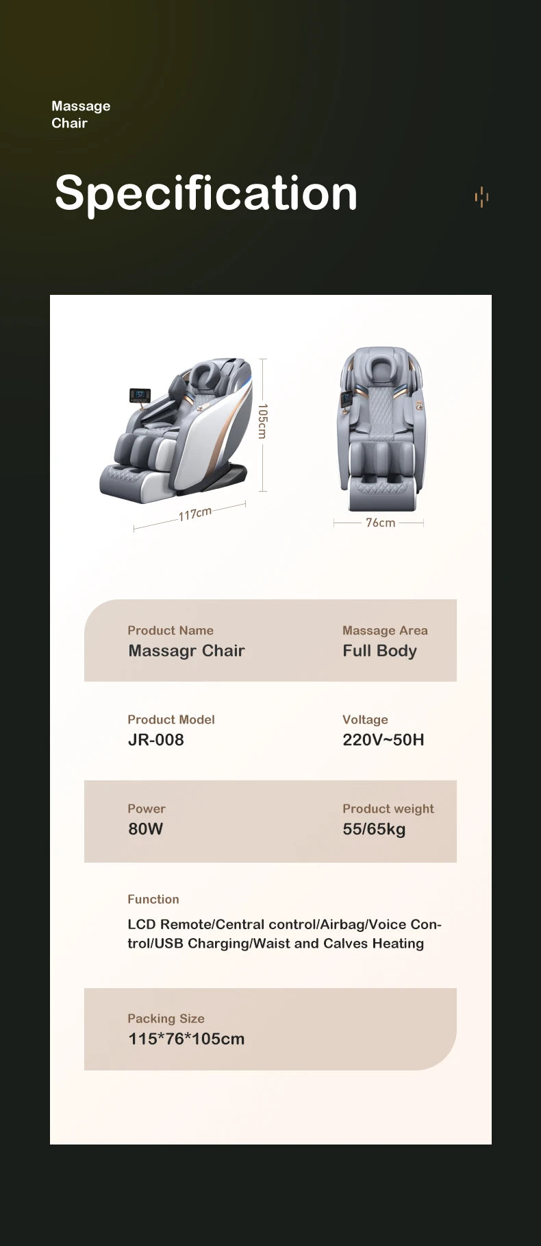 Whole Body airbag Massage chair Electric Bluetooth speaker Large LCD massage chair sofa Jare 008C 2024 New upgrade 4D