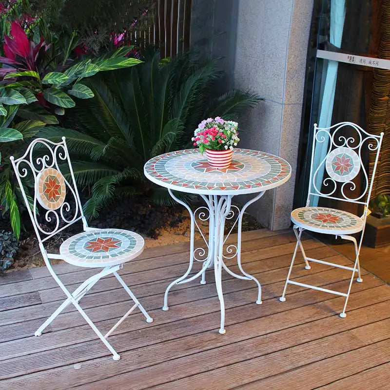 Outdoor Balcony Table and Chair Mosaic Iron Three-Piece Set Outdoor Courtyard Garden Furniture Lightweight Folding Armchair