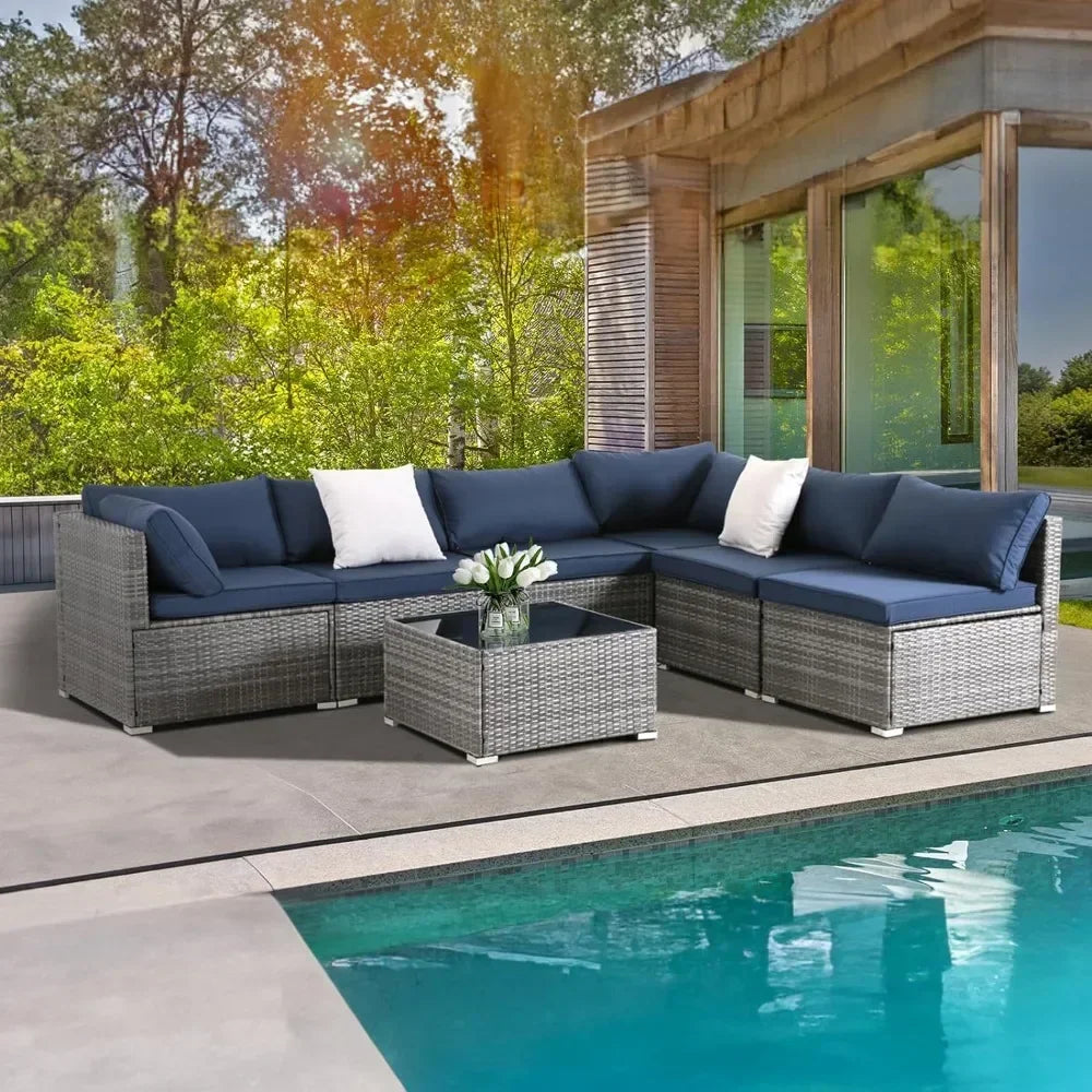 7 Pieces Patio Furniture Set, Modular Patio Set Wicker Outdoor Sectional Sofa Set PE Rattan Wicker Patio Conversation Set