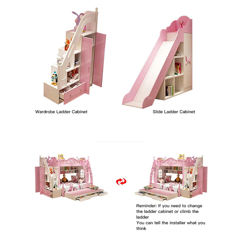 Lovely Girl Kids Princess Bunk Bed In Pink Solid Wood High And Low Bed Adult Child Mother Bed Multi-Functional Children's Bed