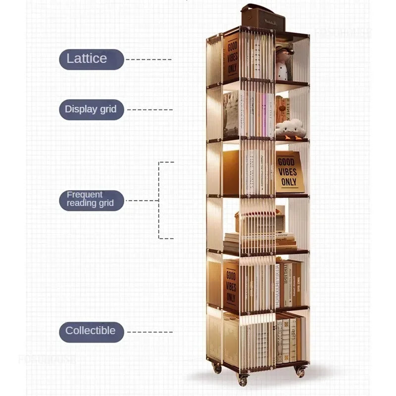 Fashion Acrylic Bookcase for Office Modern Rotating Bookcase with Wheels Light Luxury Transparent Design Storage Locker for Home